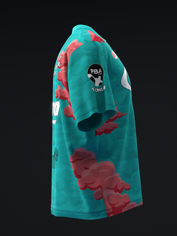 Turquoise bowling jersey with red cloud pattern and PBA logo, side view