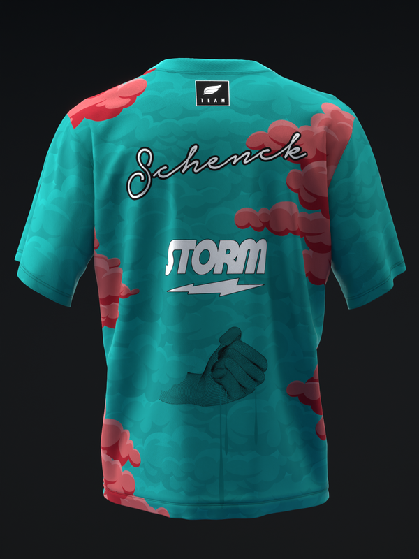 Turquoise bowling jersey with red cloud graphics and Storm logo design
