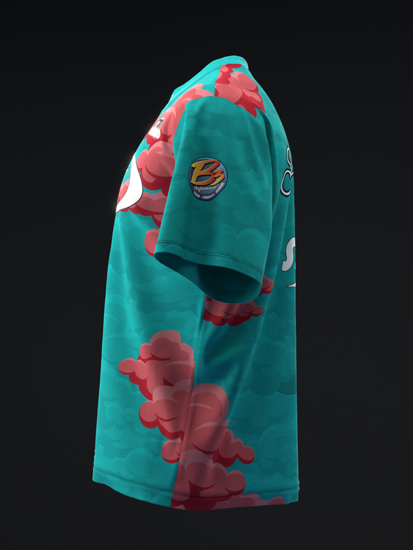 Turquoise bowling jersey with red cloud graphic and chest logo, side view