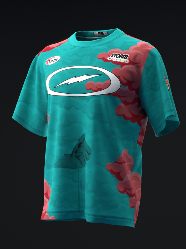 Turquoise and coral bowling jersey with abstract cloud graphic and oval logo