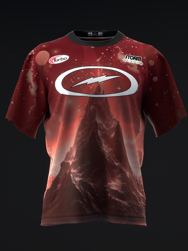 Red bowling jersey with white oval logo and mountain landscape graphic