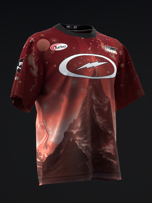 Red bowling jersey with white oval logo and space-themed graphic design front view