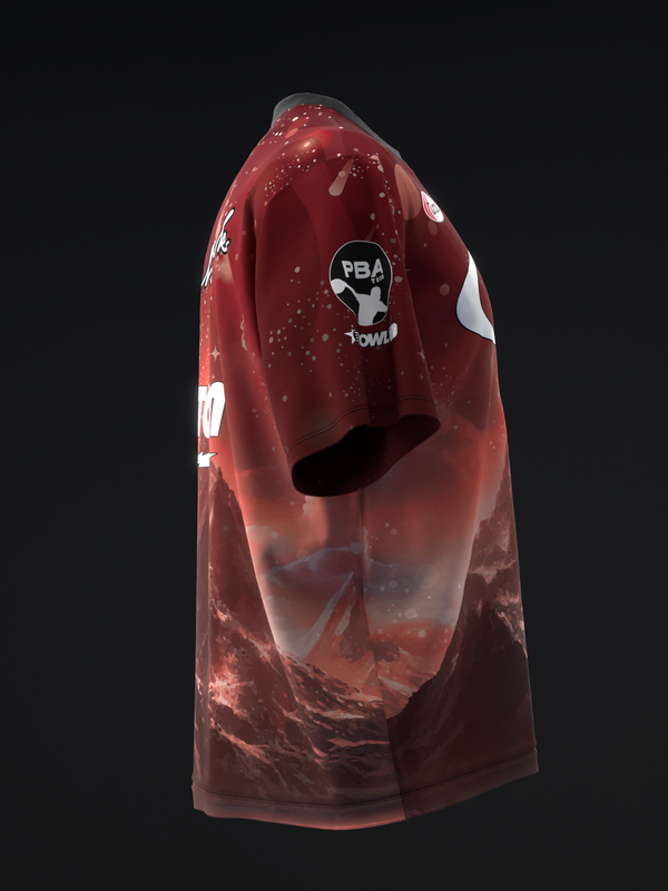 Red bowling jersey with space mountain landscape graphic and PBA logo