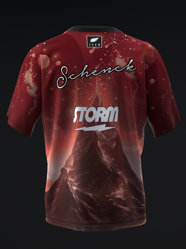 Burgundy bowling jersey with Space Mountain graphic and Storm logo design
