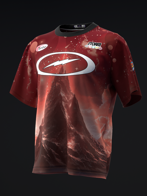 Red bowling jersey with white oval logo and space-themed graphic design, front view