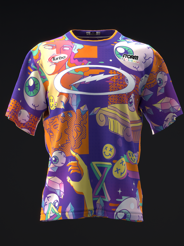 Purple bowling jersey with vibrant multicolored collage graphics and logos, front view