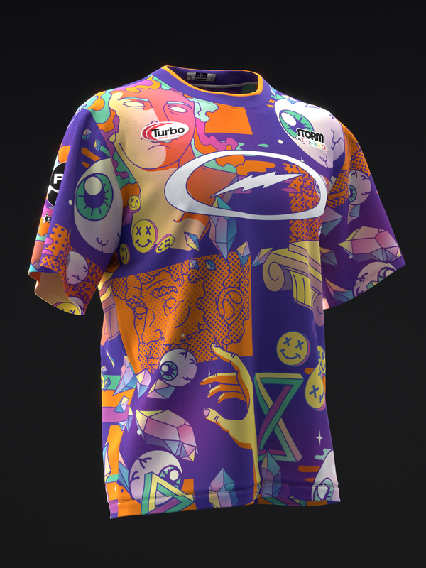 Purple bowling jersey with vibrant multicolored cartoon graphics and logos, front view