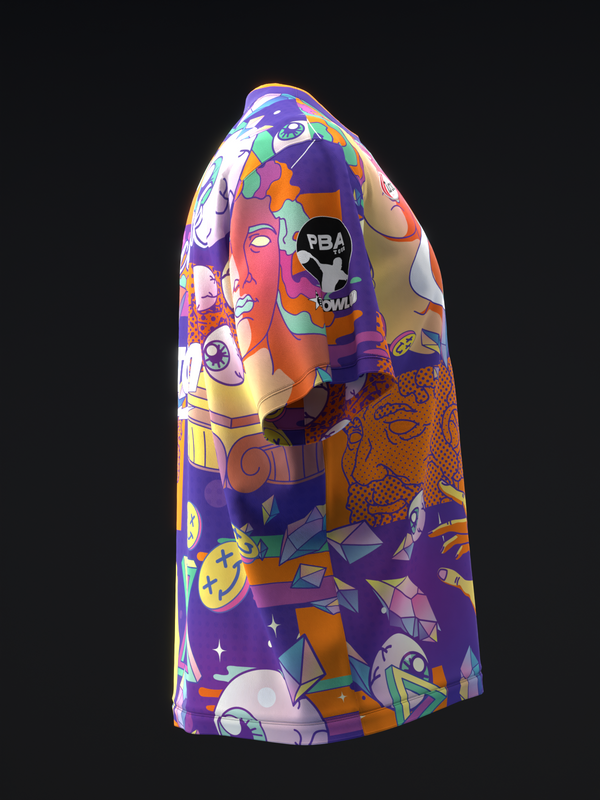 Colorful bowling jersey with vibrant abstract art design and PBA logo, side view