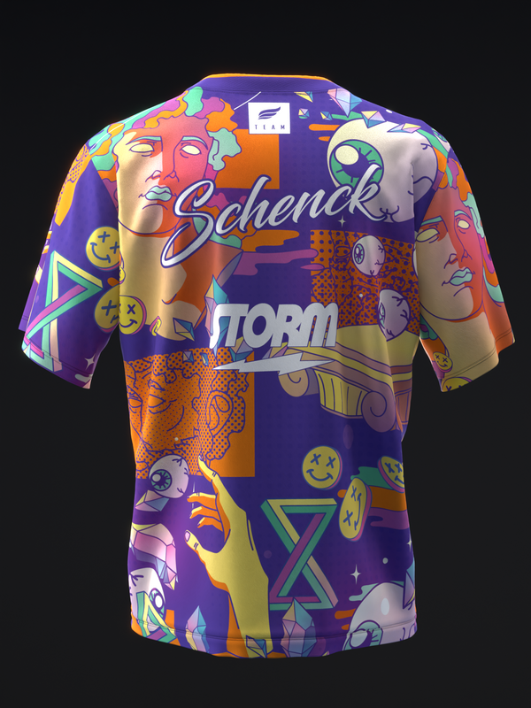 Purple and orange bowling jersey with vibrant pop art faces and geometric pattern, back view