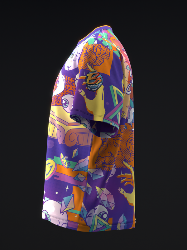 Purple bowling jersey with colorful abstract geometric and pop art graphics, side view