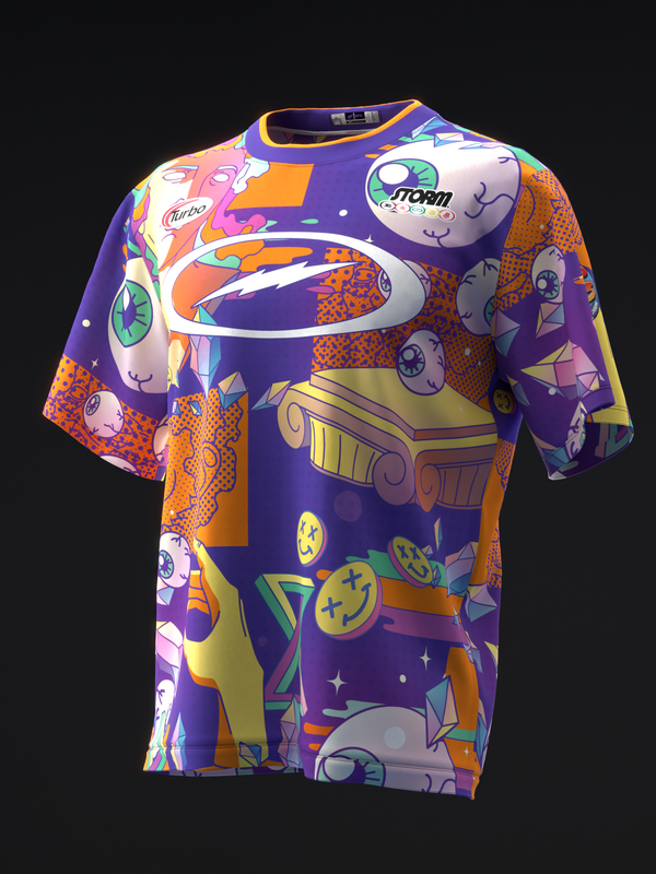 Purple and orange bowling jersey with colorful retro graphic design and storm logo