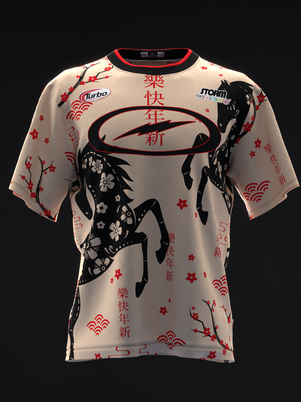 Cream bowling jersey with black horse graphic and red Asian characters and florals