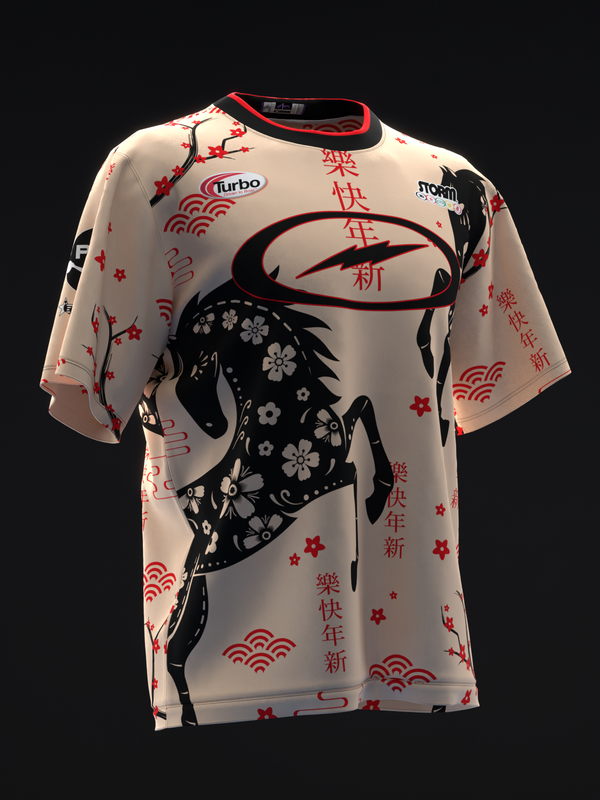 Cream bowling jersey with black horse silhouette and red Asian characters and patterns
