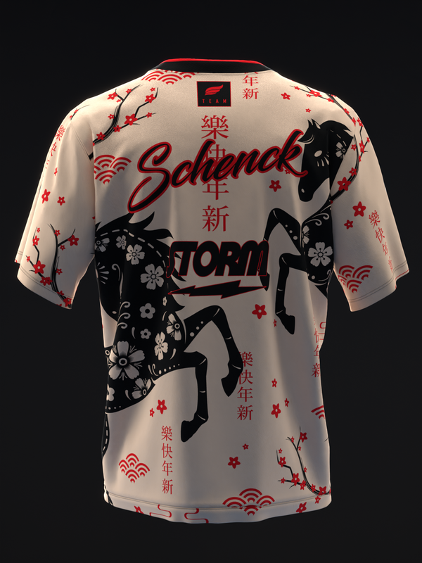 Cream bowling jersey with red and black Asian-inspired horse graphic and text