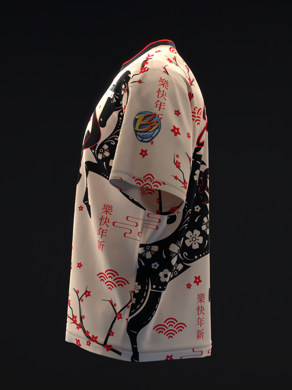 White bowling jersey with black horse graphic and red Asian characters and florals