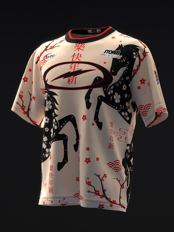 Cream bowling jersey with black horse silhouettes and red Asian characters and floral patterns