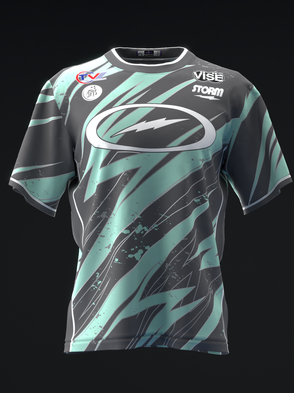 Black and mint bowling jersey with abstract striped graphic and oval logo