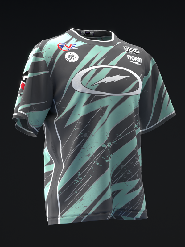 Black and mint bowling jersey with diagonal striped pattern and oval graphic design