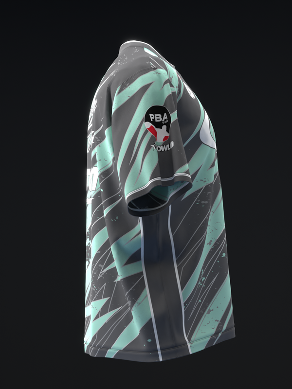 Black and mint bowling jersey with diagonal stripe pattern and PBA logo graphic, side view