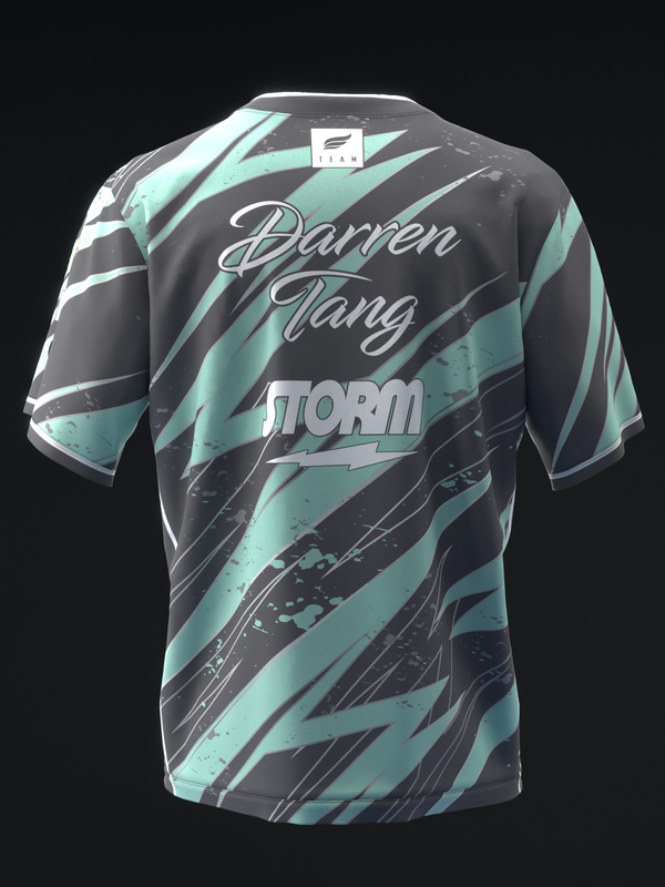 Black and mint bowling jersey with diagonal stripe pattern and script text