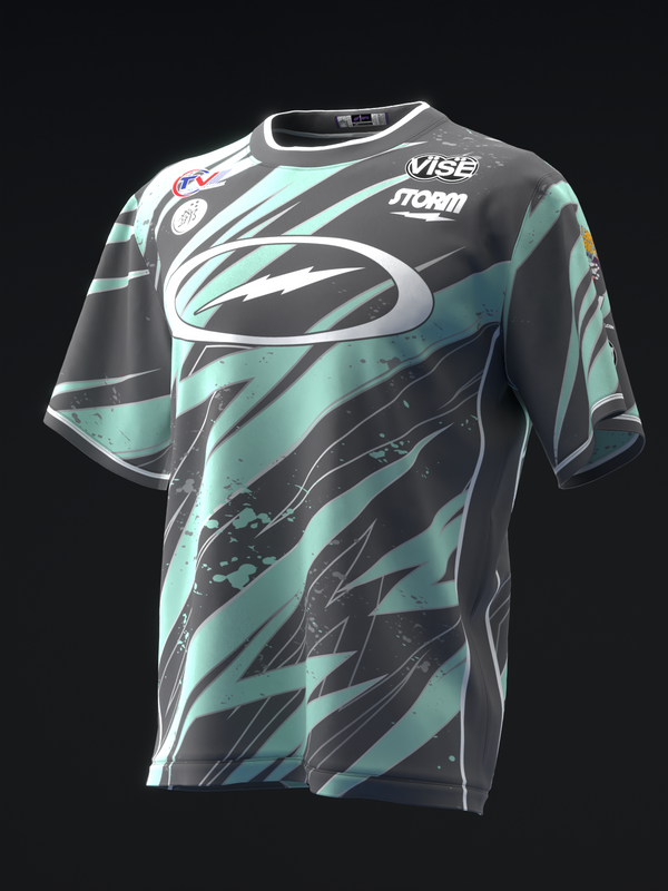Black bowling jersey with turquoise and white angular striped design front view