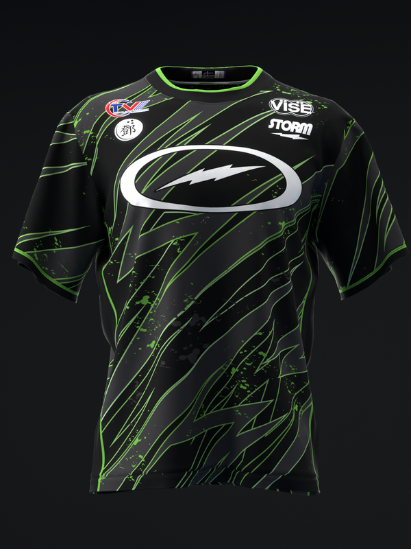Black bowling jersey with neon green lightning pattern and white oval logo on front