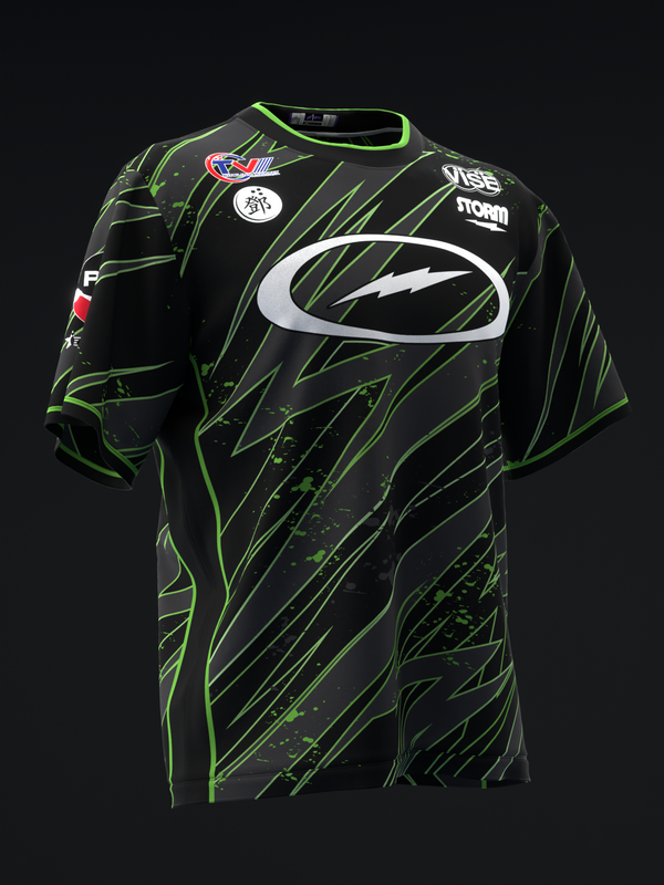 Black bowling jersey with neon green striped pattern and white logo detail, front view