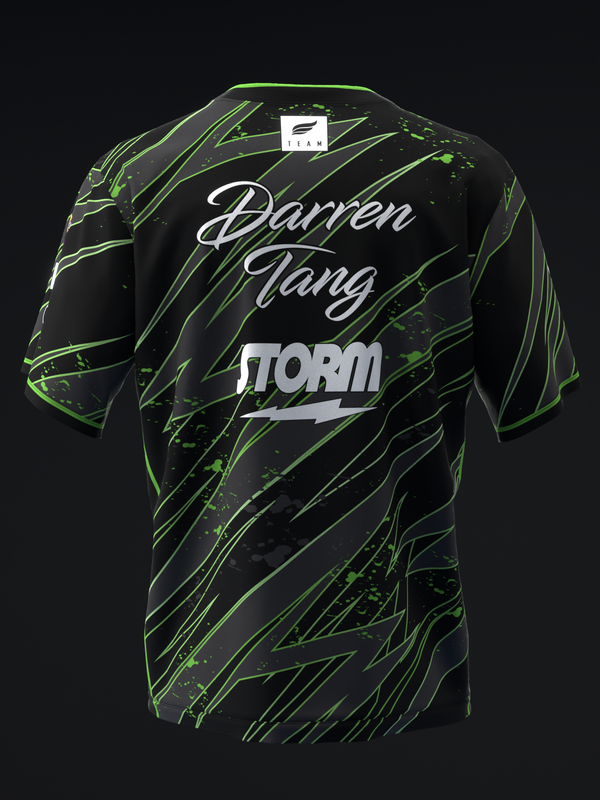 Black bowling jersey with lime green streaked pattern and white text design, back view