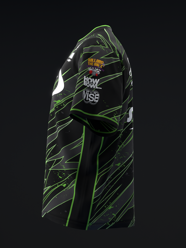 Black bowling jersey with neon green lightning bolt pattern and graphic text