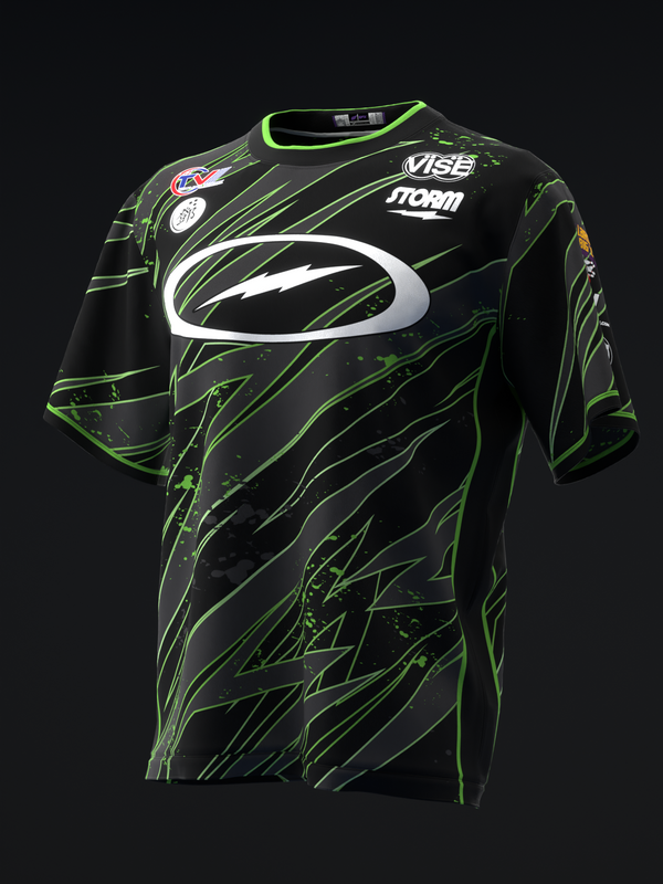 Black bowling jersey with lime green and white abstract lightning streak design, front view