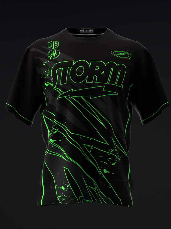 Black bowling jersey with neon green storm graphic and text design, front view