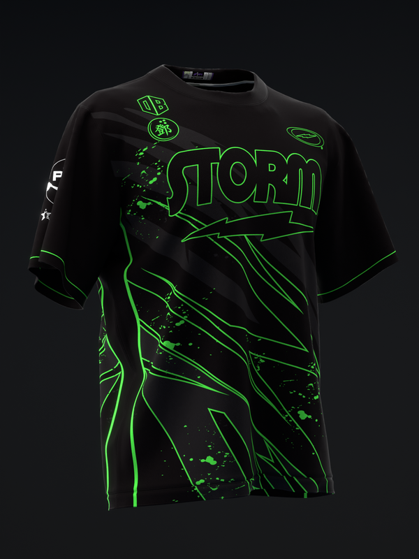 Black bowling jersey with neon green storm graphic and lightning bolt design