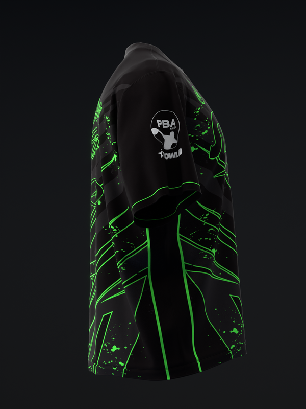 Black bowling jersey with neon green lightning bolt graphic design, back view