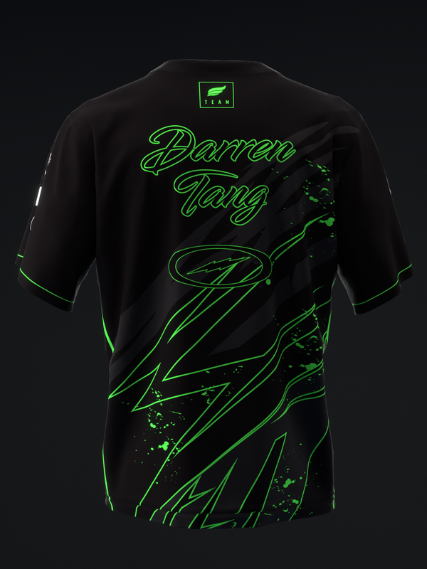 Black bowling jersey with neon green name and abstract graphic design back view