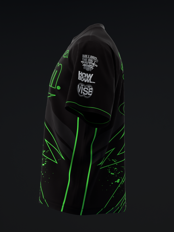 Black bowling jersey with neon green geometric lines and graphics, front view
