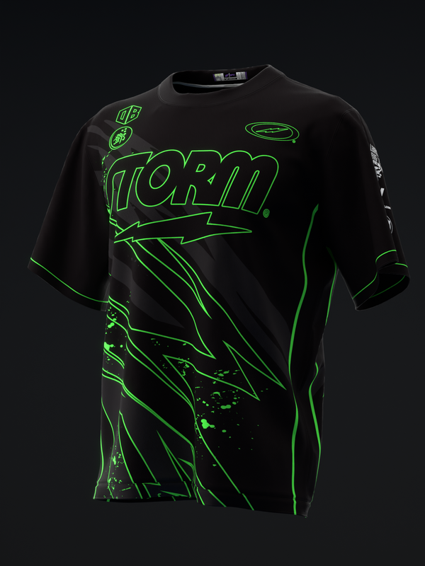Black bowling jersey with neon green graphic design and text front view