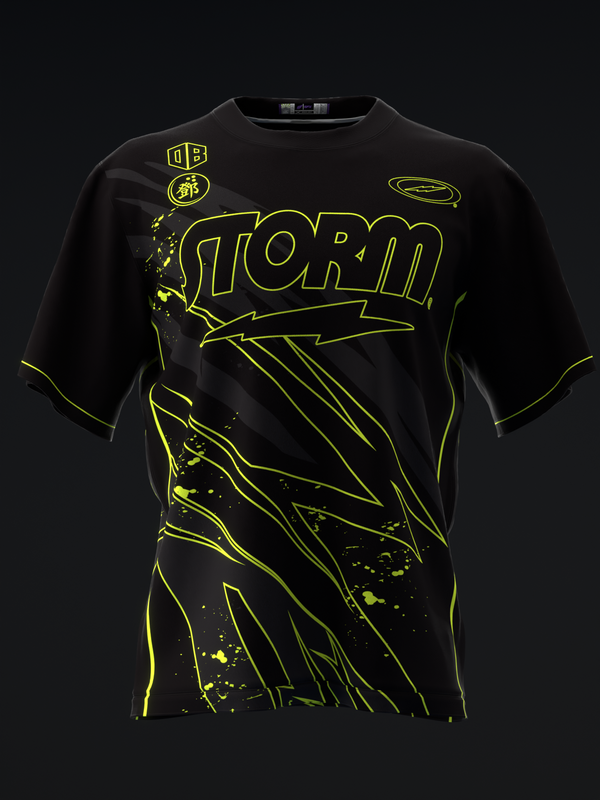 Black bowling jersey with neon yellow storm graphic and lightning design