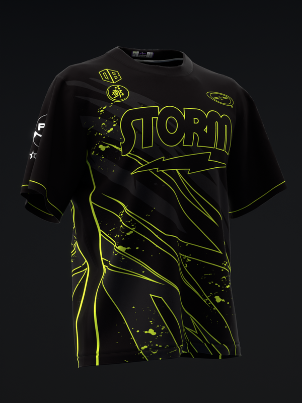 Black bowling jersey with neon yellow outlined storm graphic and text