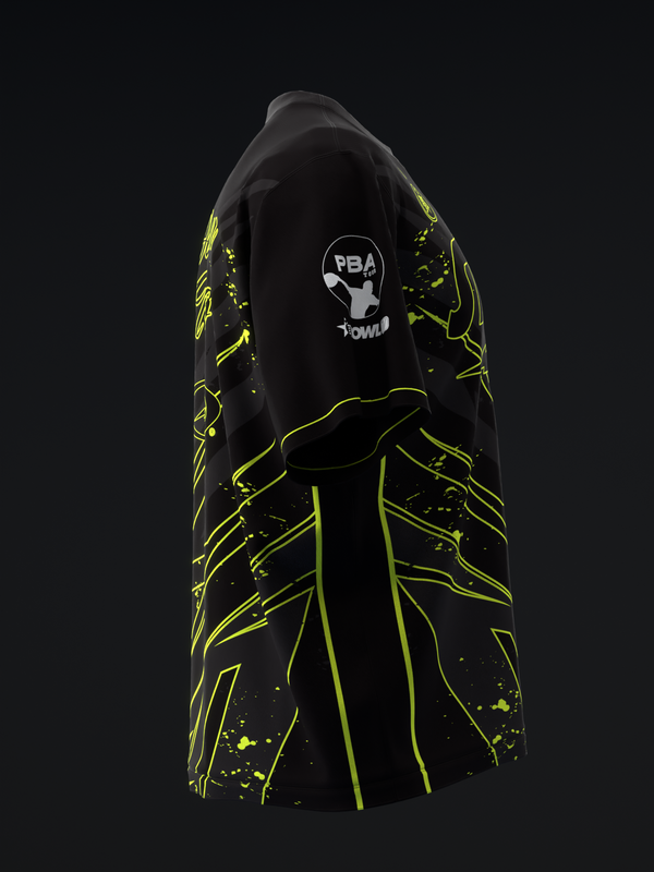 Black bowling jersey with neon yellow lightning bolt graphic design