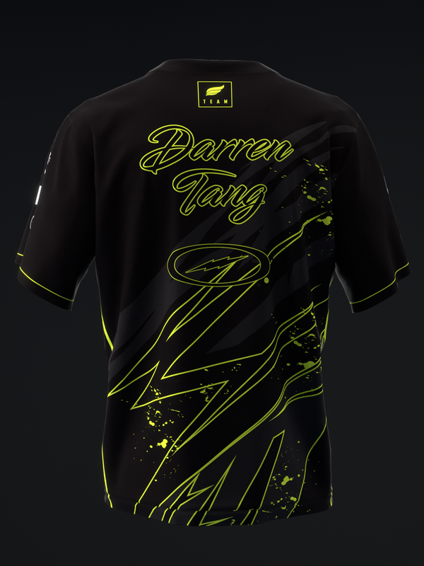 Black bowling jersey with neon yellow name and abstract graphic design, back view
