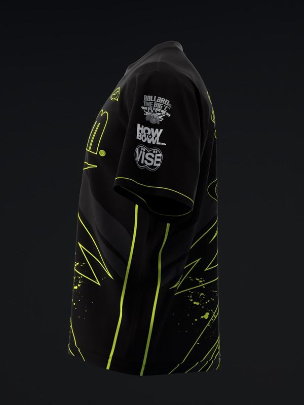 Black bowling jersey with neon yellow graphic lines and text design