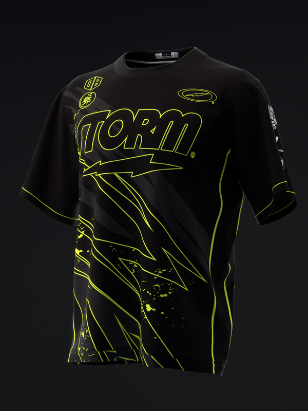 Black bowling jersey with neon yellow Storm logo and graphic design
