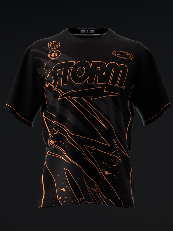Black bowling jersey with orange outline graphics and storm design elements