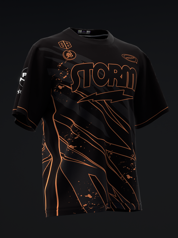 Black bowling jersey with neon orange storm graphic and text design, front view