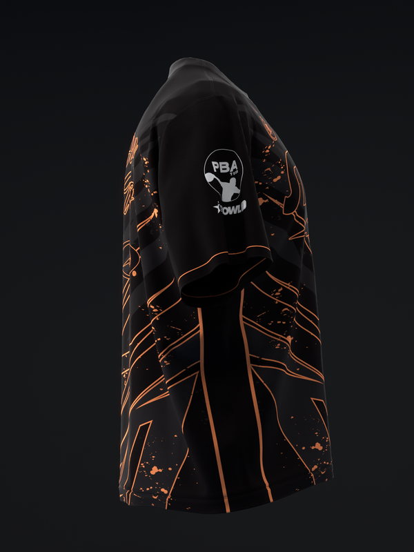 Black bowling jersey with neon orange lightning bolt design, front view