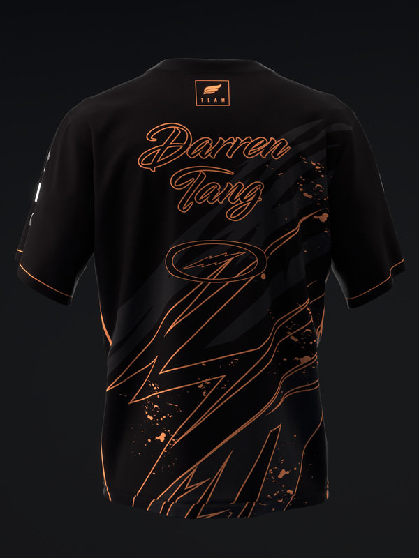 Black bowling jersey with orange neon script name and abstract graphic design back view