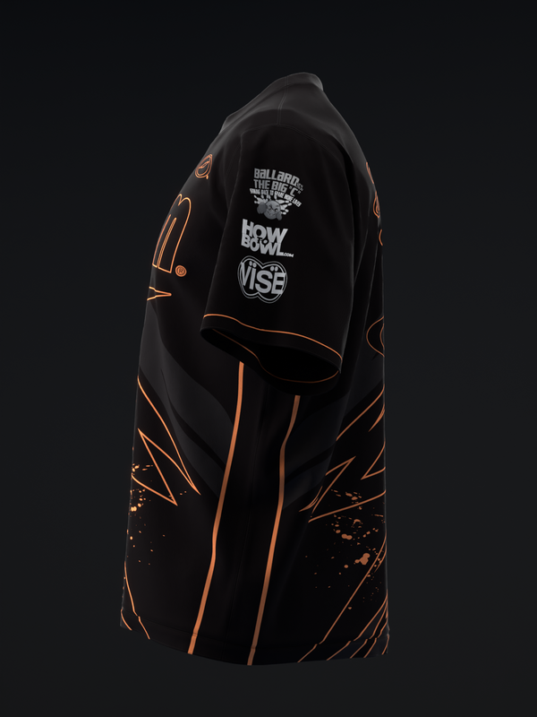 Black bowling jersey with neon orange geometric lines and accents, displayed on mannequin