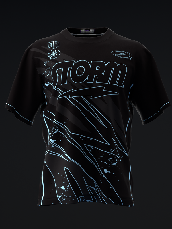 Black bowling jersey with neon blue Storm text and lightning graphic design