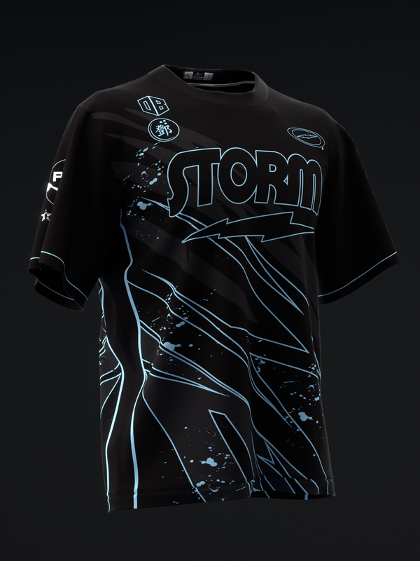 Black bowling jersey with neon blue storm graphic and lightning design on front