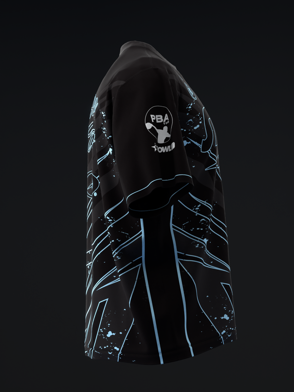 Black bowling jersey with neon blue line graphics and PBA logo, back view